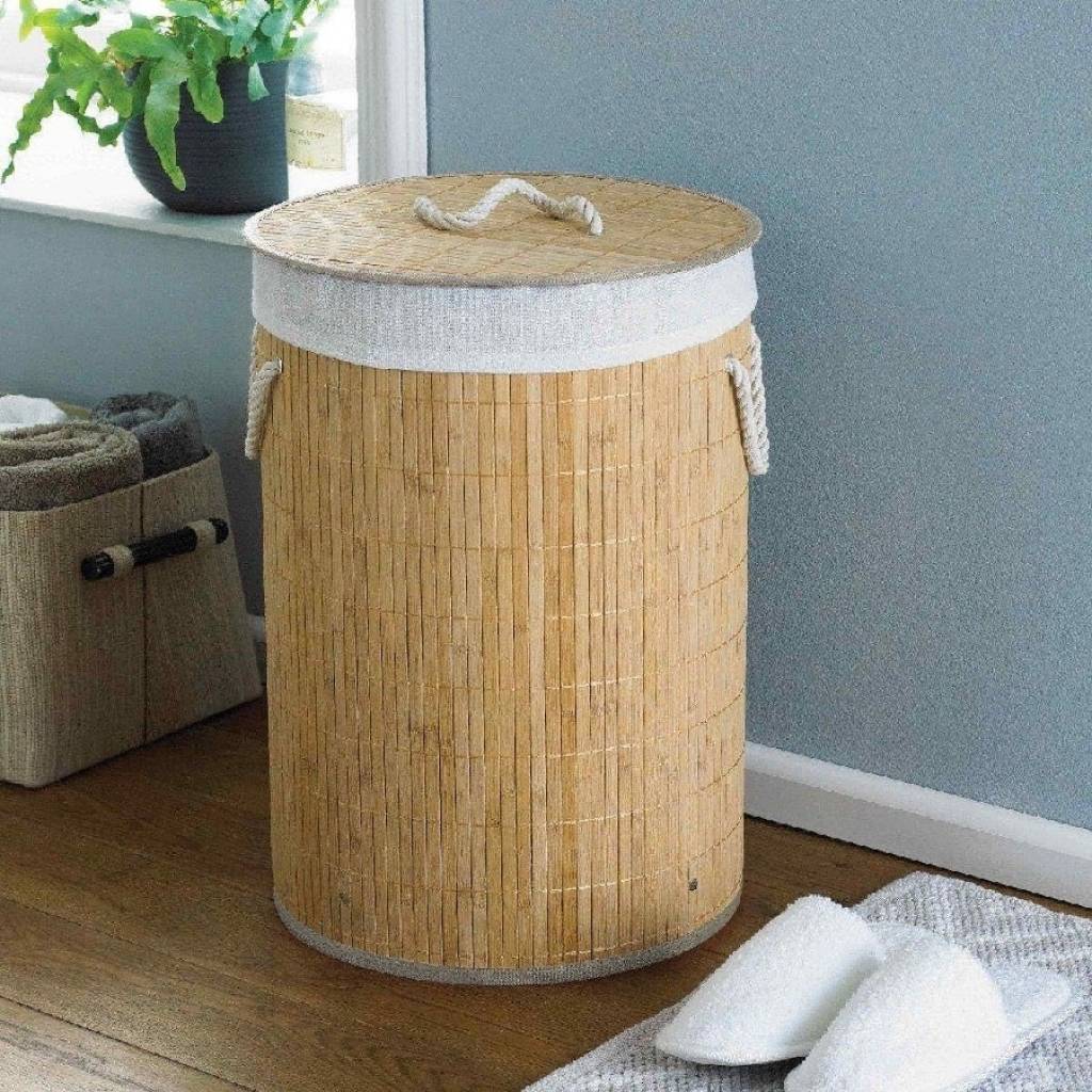 Canasto cesto para ropa sucia bambu y tela - MultiHogar UY